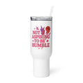 Typography with red raised fist and text 'Not Aspiring to Be Humble' Travel Mug front view — Wandering With Pride