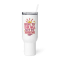 muscular figure illustration with 'HERE TO BRAG, NOT TO SHINK' text Travel Mug front view — Wandering With Pride
