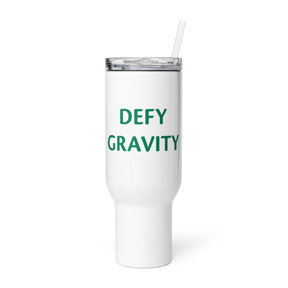 DEFY GRAVITY typography in blocky green letters on black Travel Mug front view — Wandering With Pride
