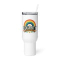 Rainbow arch with flowers and 'Equality Hurts No One' typography Travel Mug front view — Wandering With Pride
