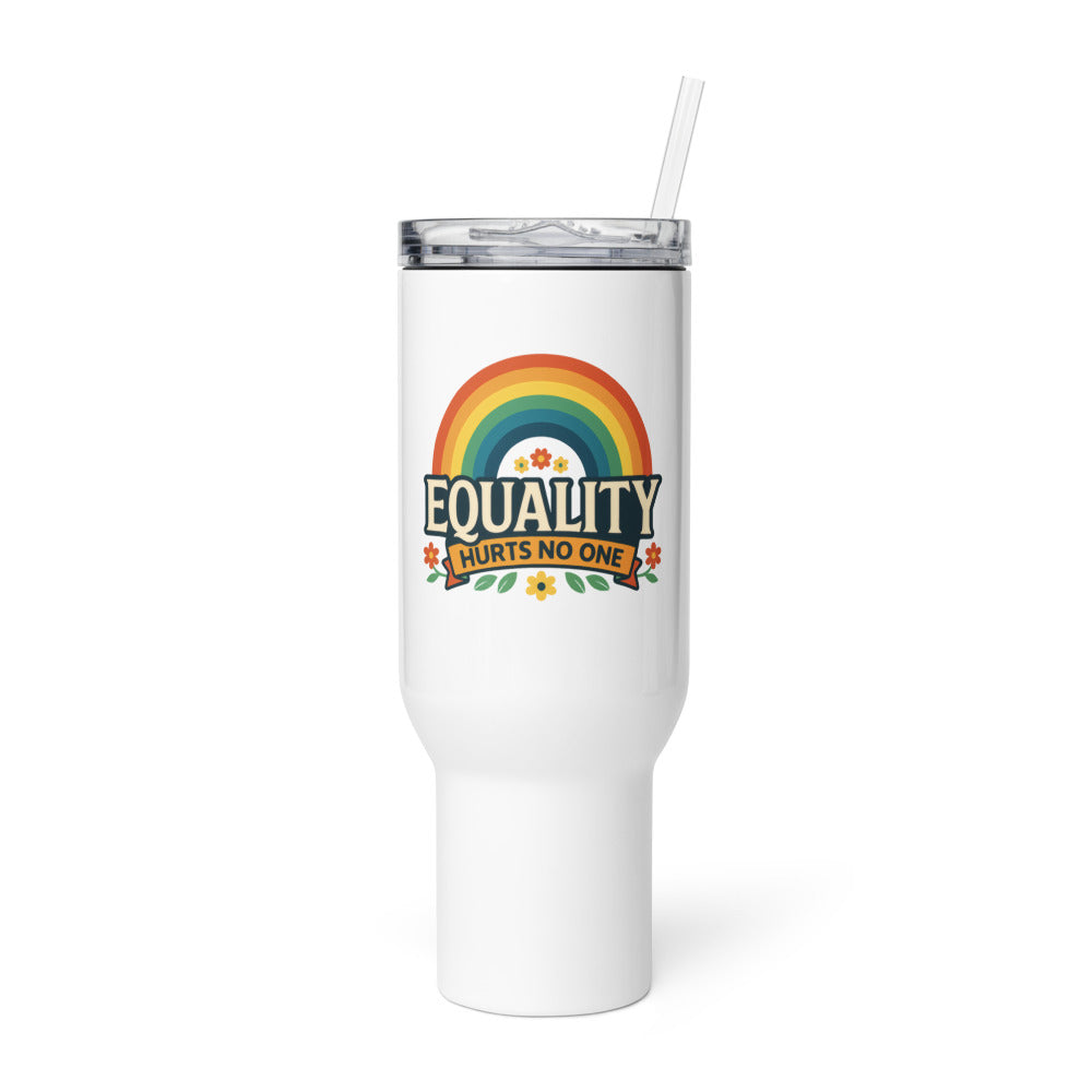 Rainbow arch with flowers and 'Equality Hurts No One' typography Travel Mug front view — Wandering With Pride