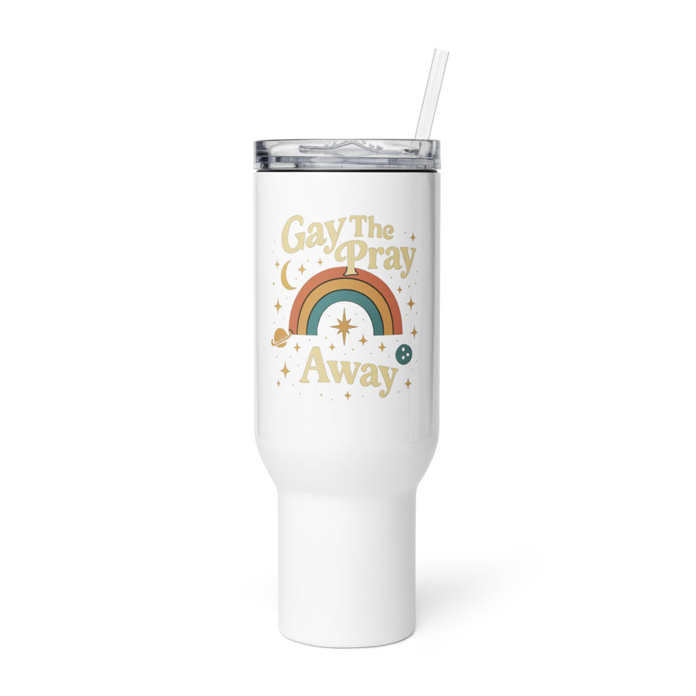 Gay the Pray Away illustration with rainbow arc, star, and crescent moon Travel Mug front view — Wandering With Pride