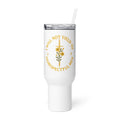 Sword with flowers and text 'I WILL NOT YIELD TO DISRESPECTFUL MEN' Travel Mug front view — Wandering With Pride