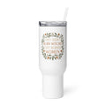 stylized modern Mona Lisa illustration with text 'THEY DIDN'T BURN WITCHES, THEY BURNED WOMEN' Travel Mug front view — Wandering With Pride