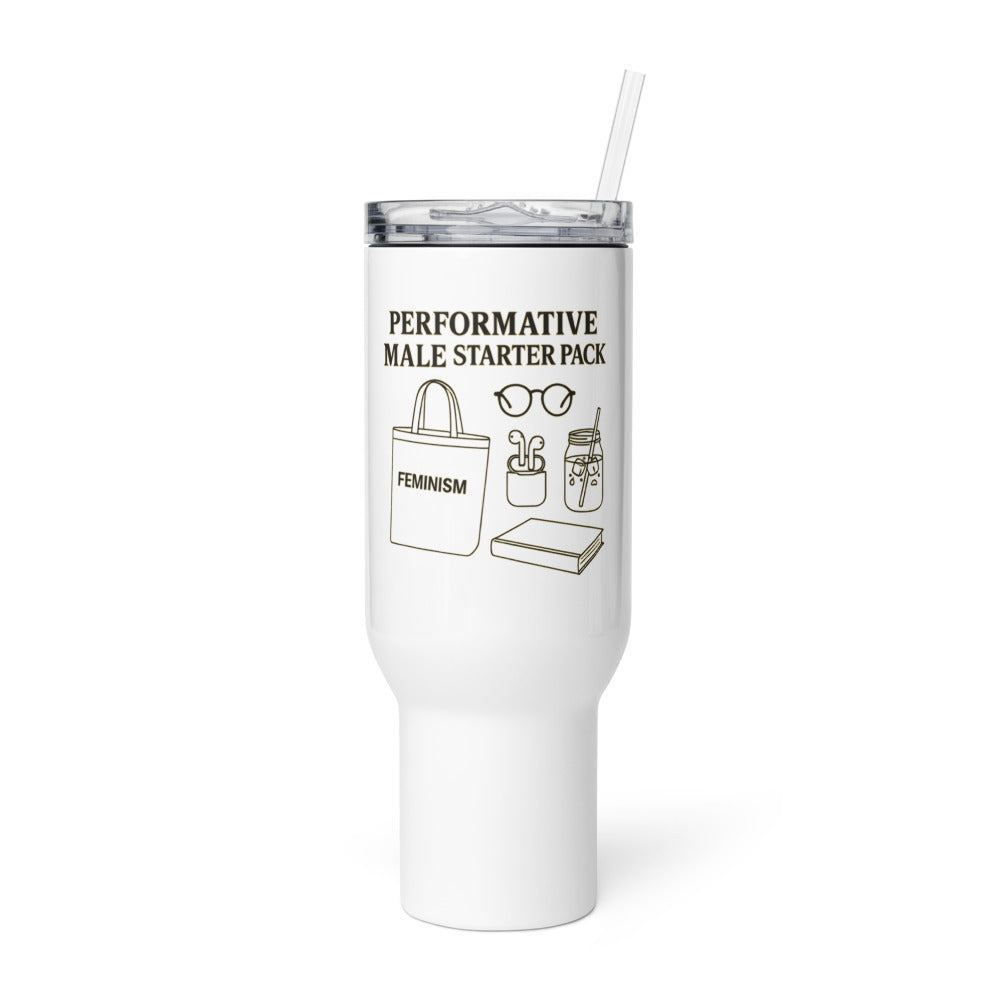 Typography with 'PERFORMATIVE MALE STARTER PACK' text Travel Mug front view — Wandering With Pride