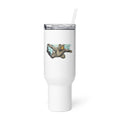 Black bear illustration with circular sunburst chest design Travel Mug front view — Wandering With Pride