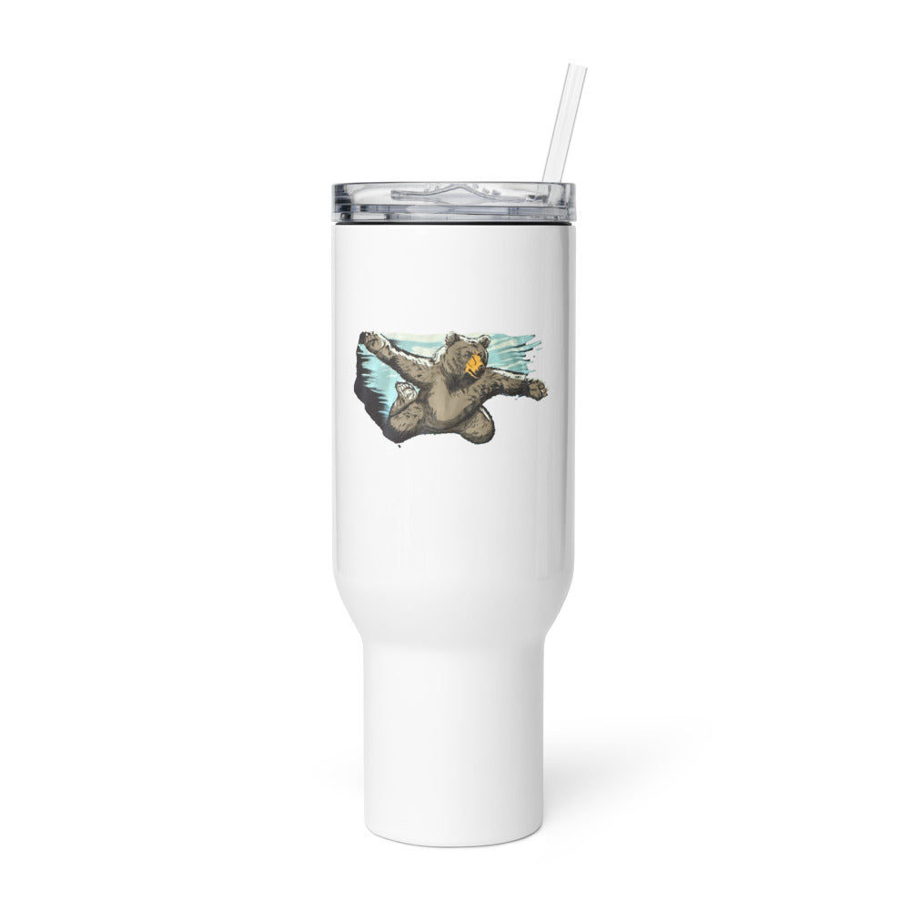Black bear illustration with circular sunburst chest design Travel Mug front view — Wandering With Pride