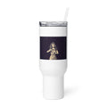 black-and-white illustration of a woman in flowing gauze fabric Travel Mug front view — Wandering With Pride