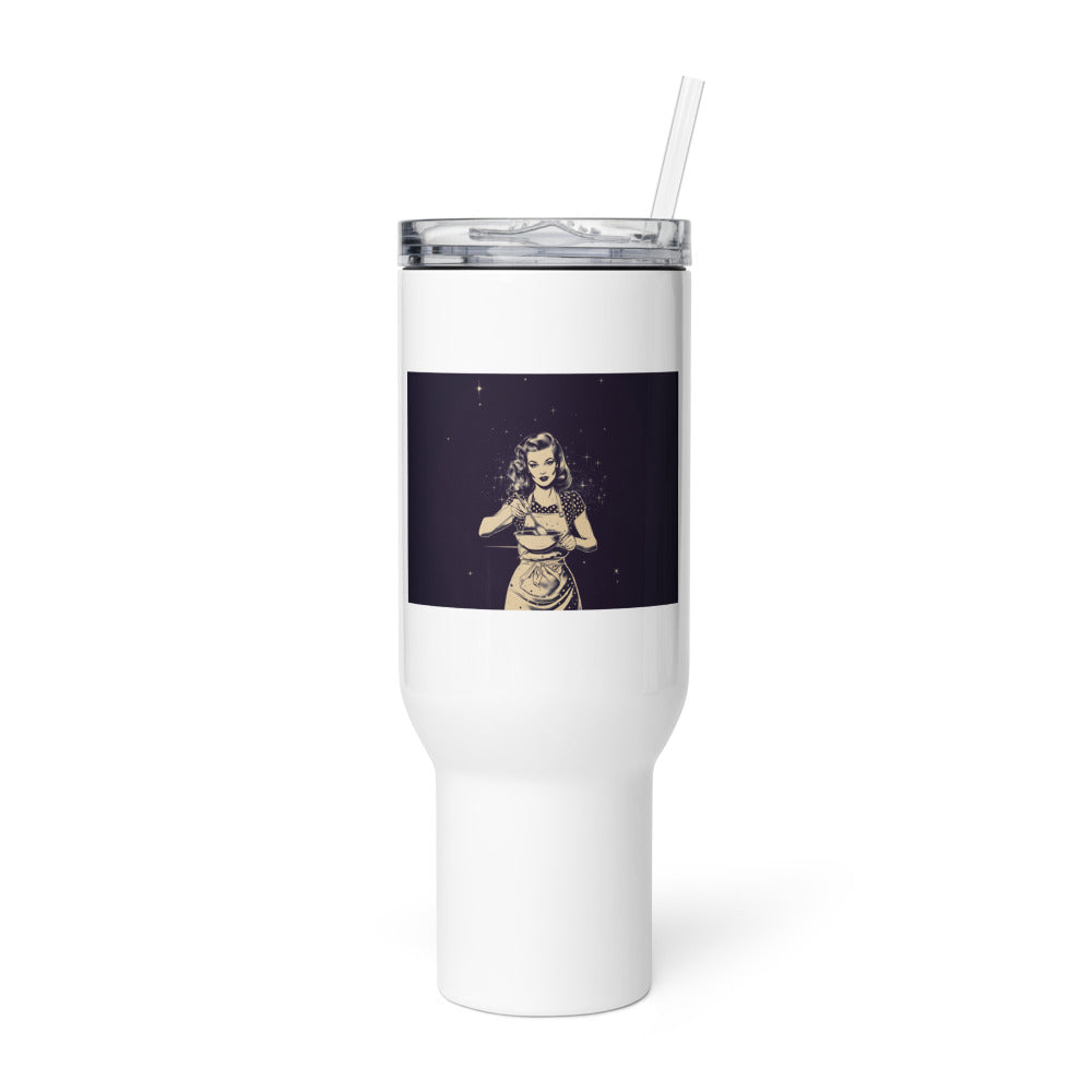 black-and-white illustration of a woman in flowing gauze fabric Travel Mug front view — Wandering With Pride