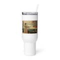 woman in 1950s-style white dress standing before pink-blossomed tree and vintage car Travel Mug front view — Wandering With Pride