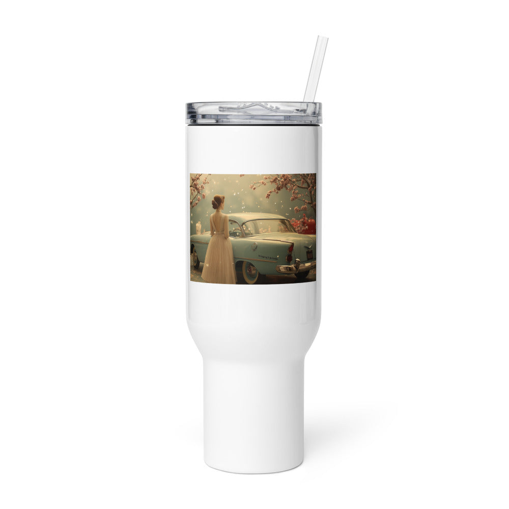 woman in 1950s-style white dress standing before pink-blossomed tree and vintage car Travel Mug front view — Wandering With Pride