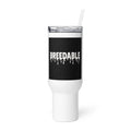 Graffiti-style 'BREEDABLE' typography Travel Mug front view — Wandering With Pride