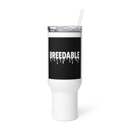 Graffiti-style 'BREEDABLE' typography Travel Mug front view — Wandering With Pride