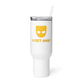 0 FEET AWAY mask-like logo with round eyes Travel Mug front view — Wandering With Pride