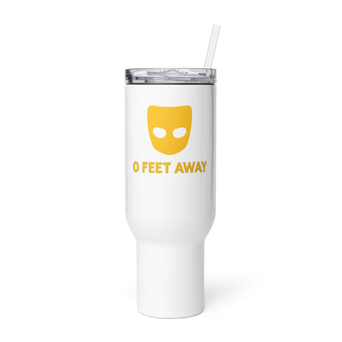 0 FEET AWAY mask-like logo with round eyes Travel Mug front view — Wandering With Pride