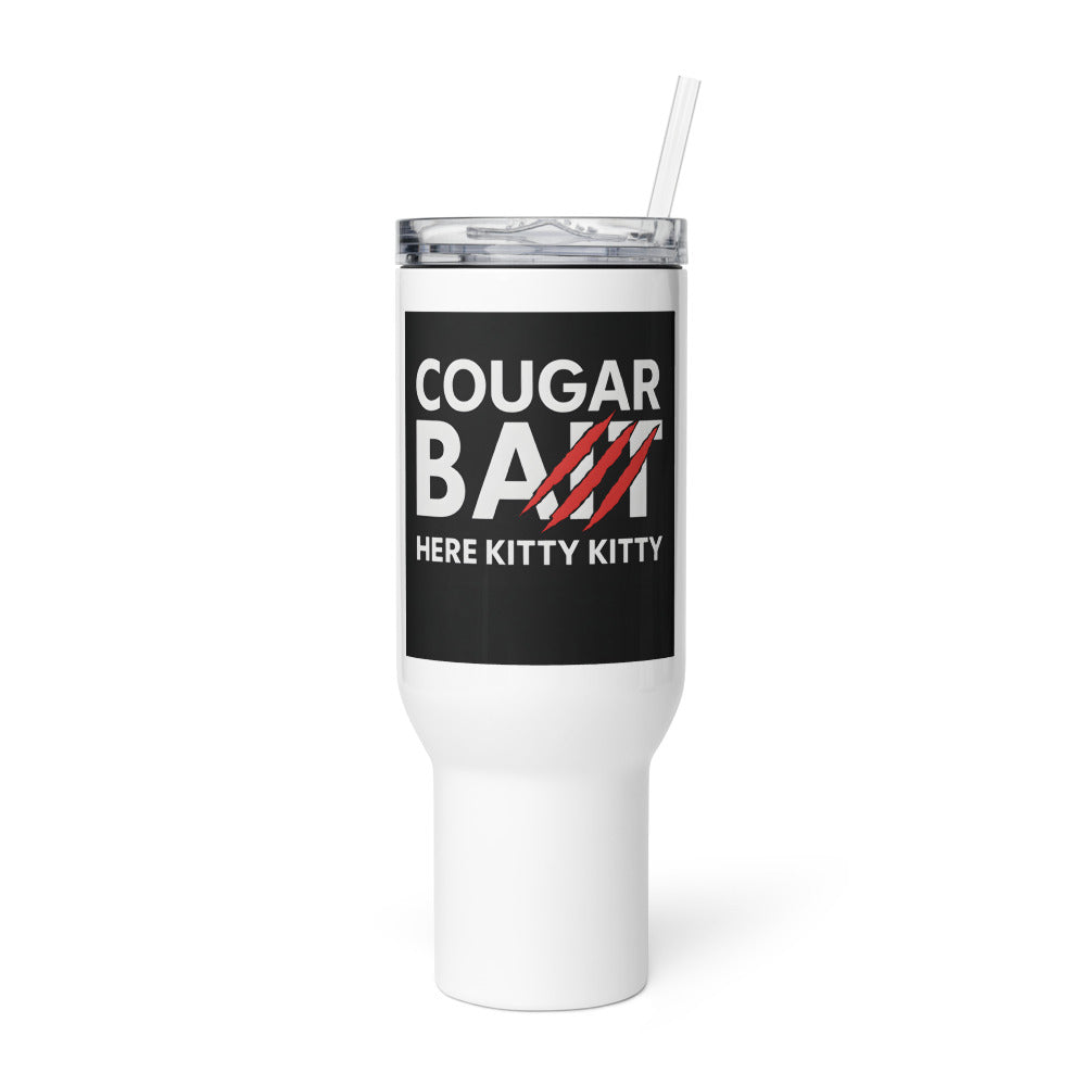 COUGAR BAIT typography with cat claw detail and HERE KITTY KITTY tagline Travel Mug front view — Wandering With Pride