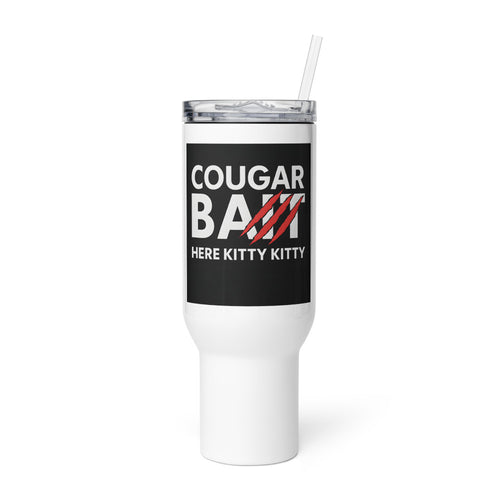 COUGAR BAIT typography with cat claw detail and HERE KITTY KITTY tagline Travel Mug front view — Wandering With Pride