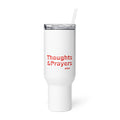 Typography-based protest graphic with 'Policy & Change' over crossed-out 'Thoughts' and 'Prayers' Travel Mug front view — Wandering With Pride
