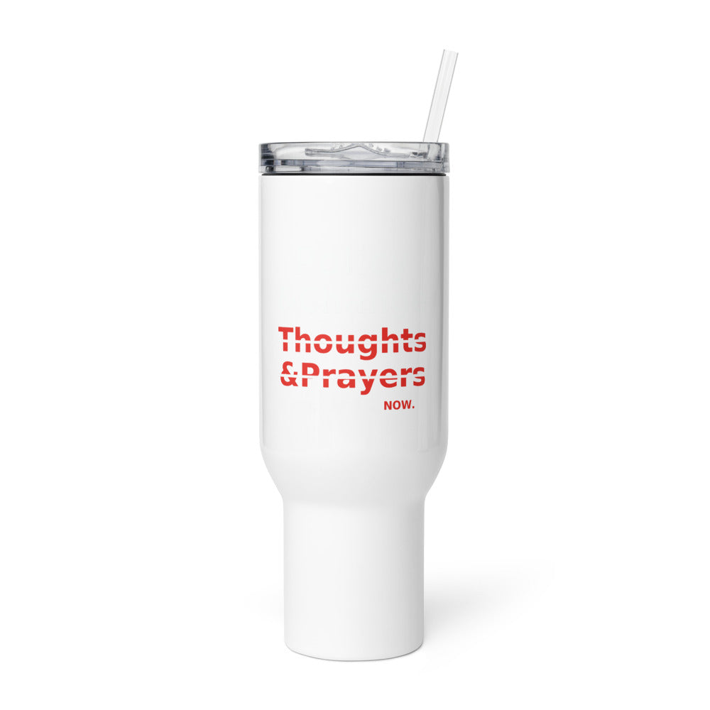 Typography-based protest graphic with 'Policy & Change' over crossed-out 'Thoughts' and 'Prayers' Travel Mug front view — Wandering With Pride