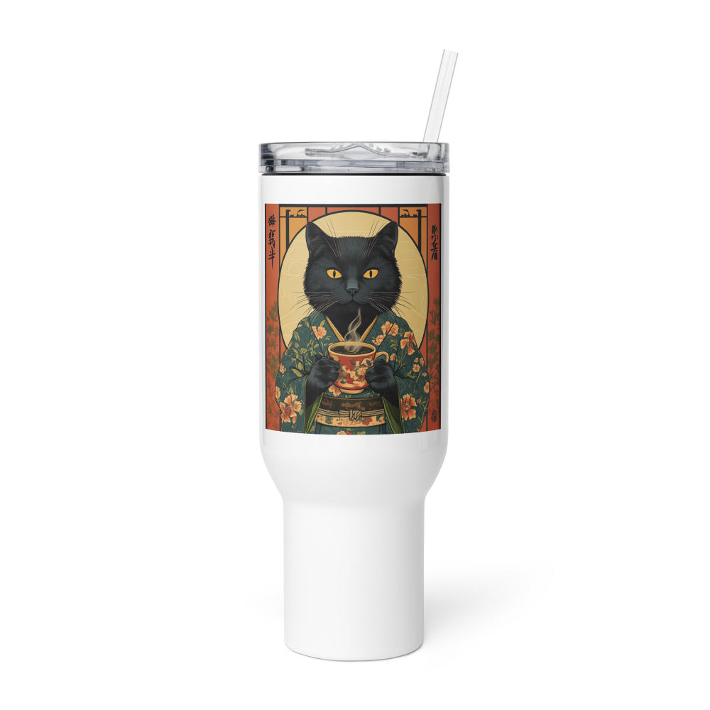 cat in traditional Japanese kimono holding tea Travel Mug front view — Wandering With Pride
