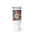 Cubist clock face with 'Demy, Defend' text and geometric shapes Travel Mug front view — Wandering With Pride