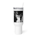 black-and-white nocturnal city street illustration with two figures walking away Travel Mug front view — Wandering With Pride