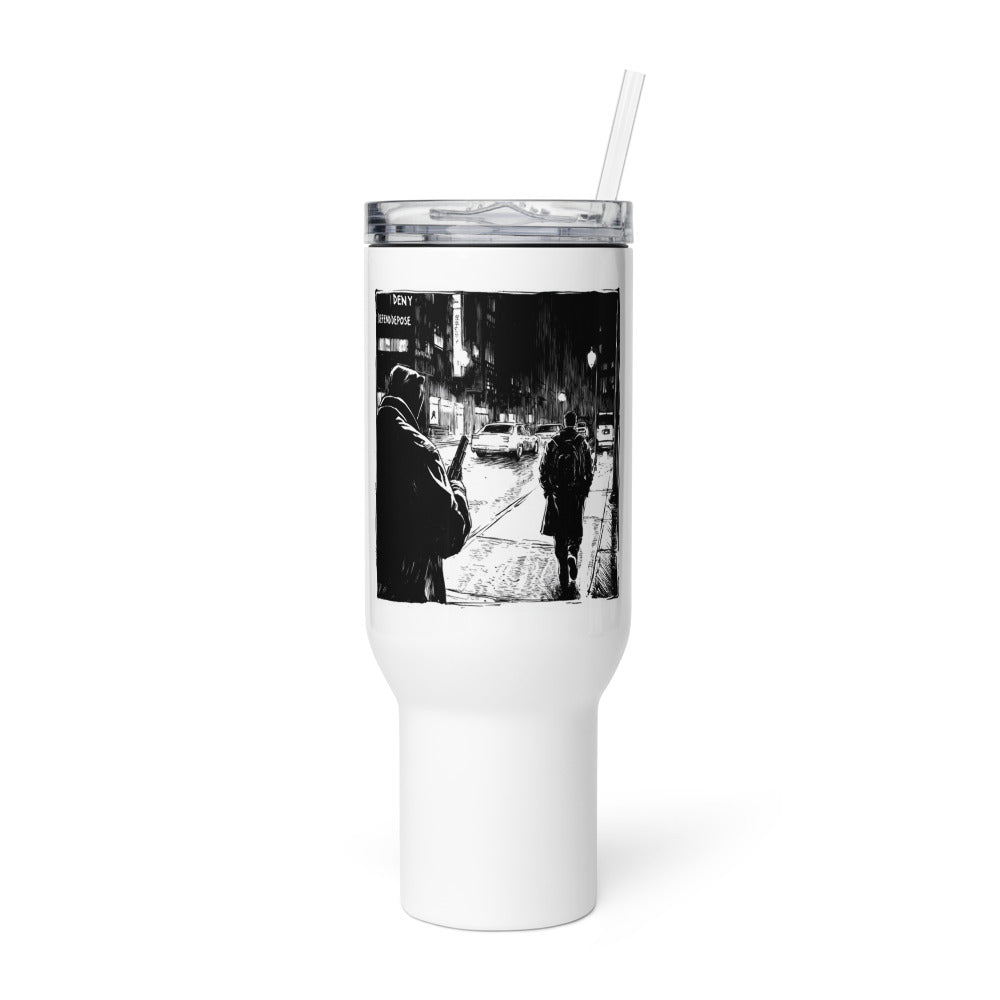 black-and-white nocturnal city street illustration with two figures walking away Travel Mug front view — Wandering With Pride