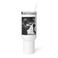 black and white hand-drawn illustration of a figure aiming a gun at someone walking away Travel Mug front view — Wandering With Pride