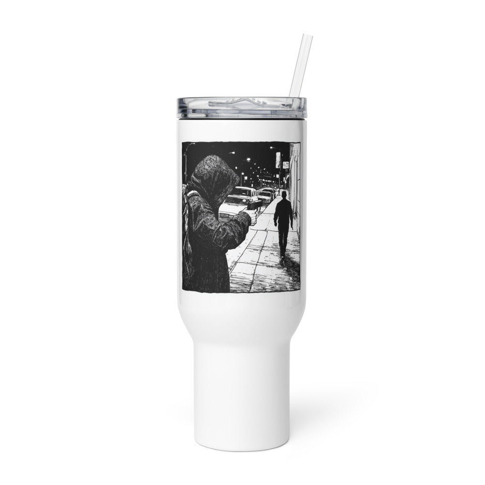 black and white hand-drawn illustration of a figure aiming a gun at someone walking away Travel Mug front view — Wandering With Pride