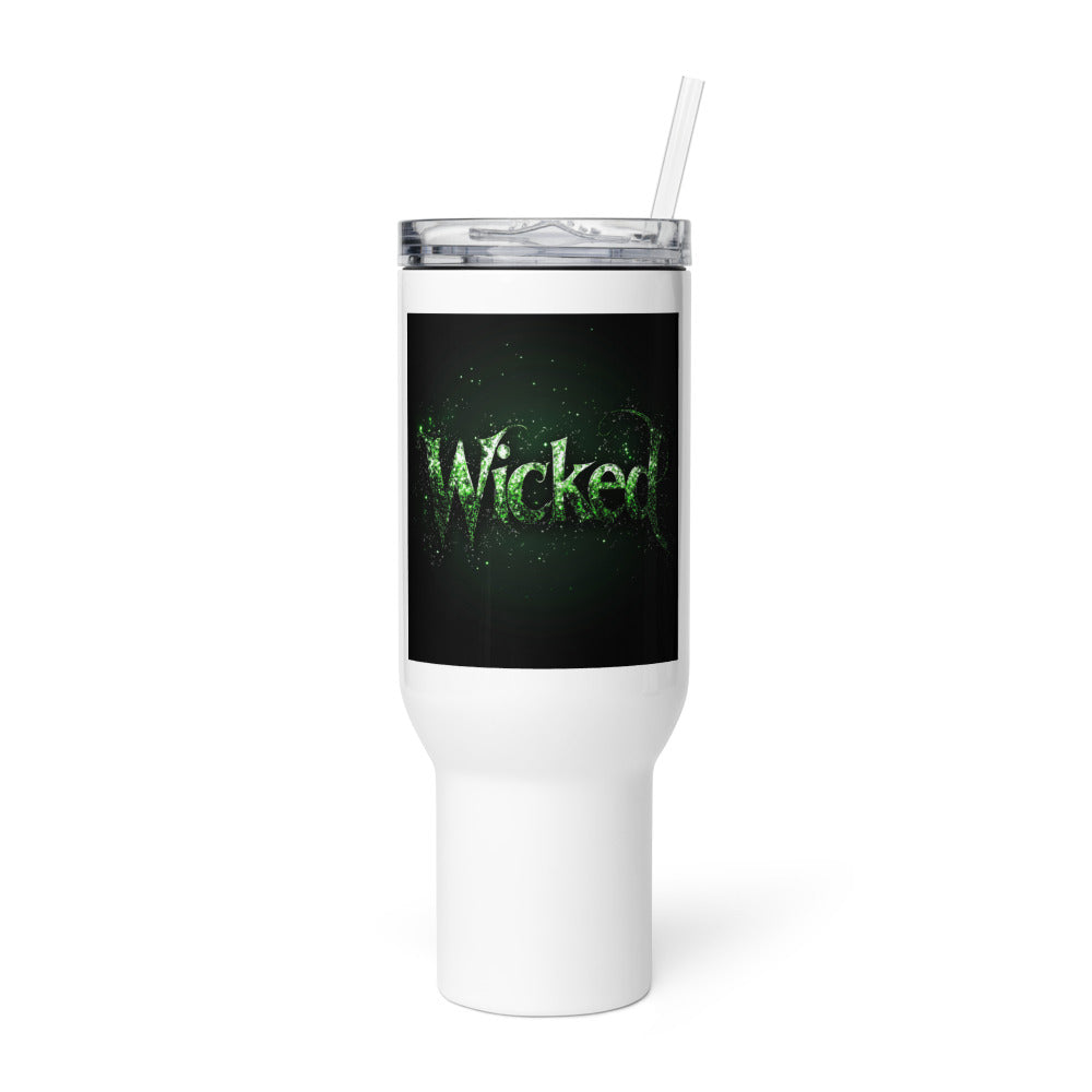 Wicked (2006 film) wordmark typography Travel Mug front view — Wandering With Pride