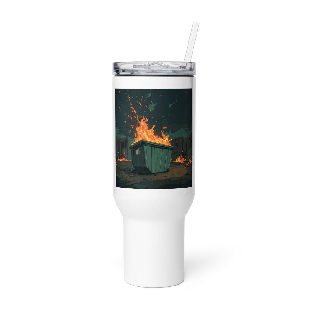 green dumpster on fire illustration Travel Mug front view — Wandering With Pride