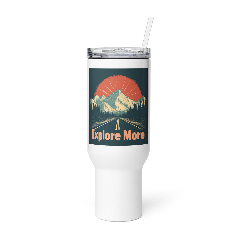 mountain range with road and sun illustration Travel Mug front view — Wandering With Pride