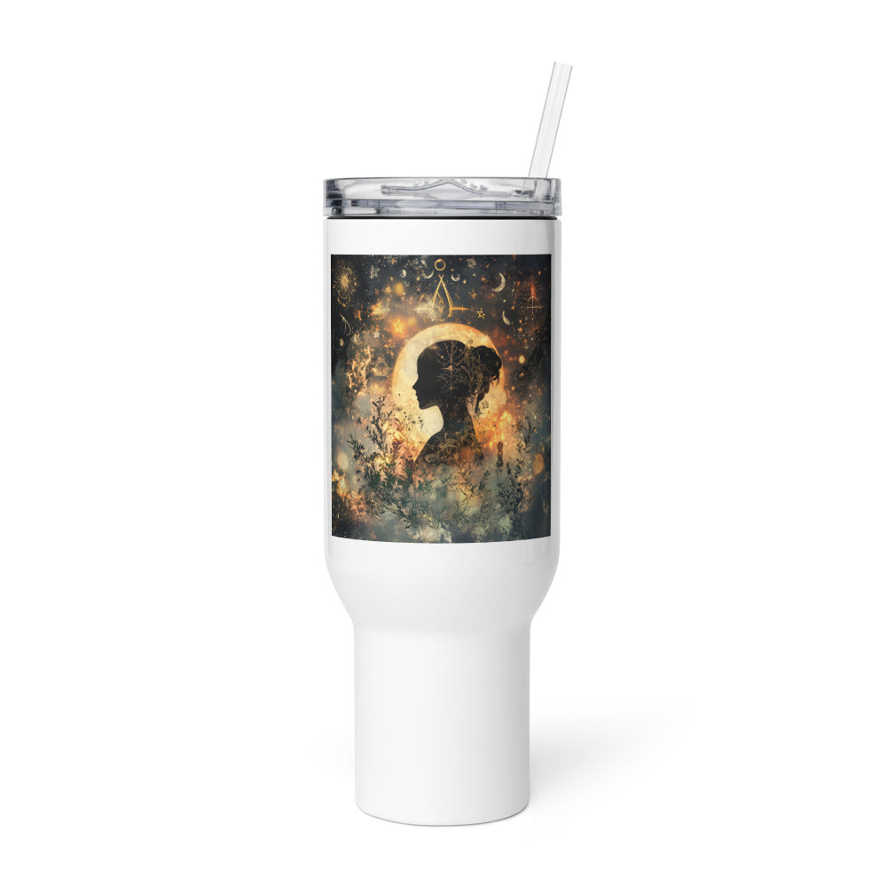 abstract rainbow swirl with soft watercolor blooms Travel Mug front view — Wandering With Pride