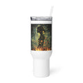 woman's profile surrounded by flames and sparks Travel Mug front view — Wandering With Pride