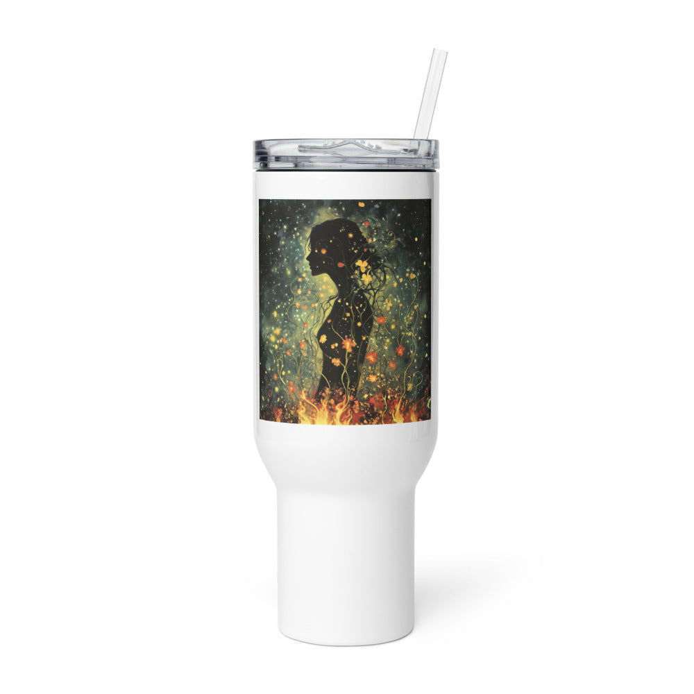 woman's profile surrounded by flames and sparks Travel Mug front view — Wandering With Pride