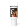 three faceless women connected by colorful hair, surrounded by leaves, flowers, and stars Travel Mug front view — Wandering With Pride