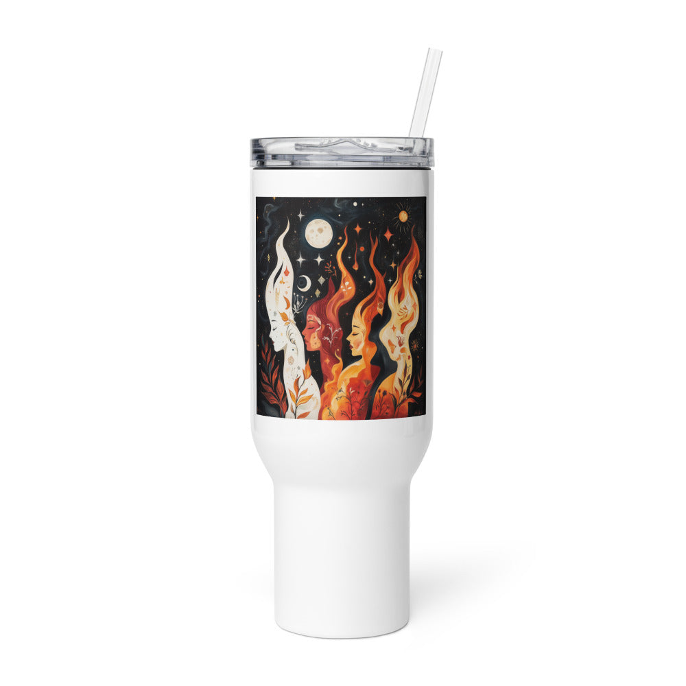 three faceless women connected by colorful hair, surrounded by leaves, flowers, and stars Travel Mug front view — Wandering With Pride