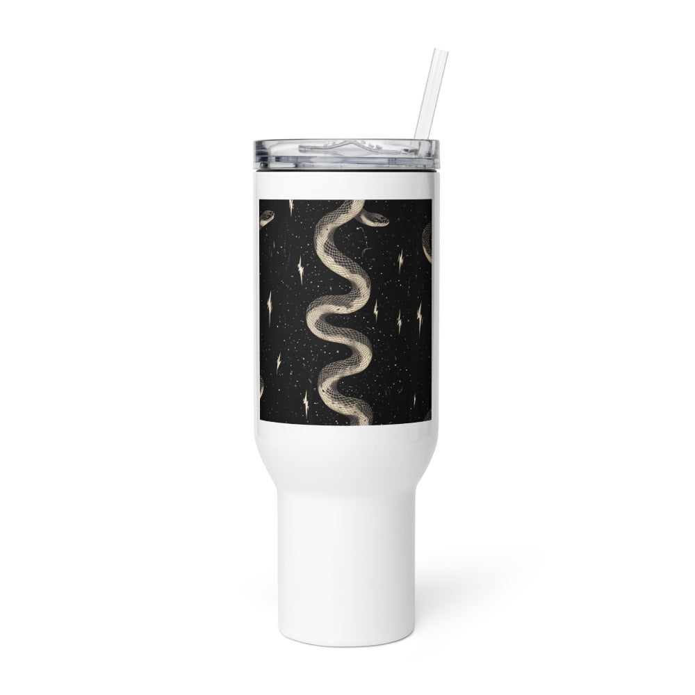 coiled snake pattern with surrounding outstretched snakes Travel Mug front view — Wandering With Pride