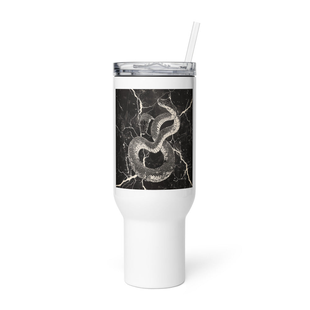 snake coiled around electrified structure illustration Travel Mug front view — Wandering With Pride