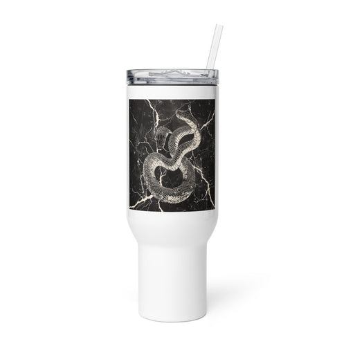 snake coiled around electrified structure illustration Travel Mug front view — Wandering With Pride