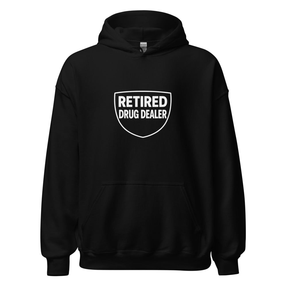 Shield with 'RETIRED DRUG DEALER' text Hoodie front view — Wandering With Pride