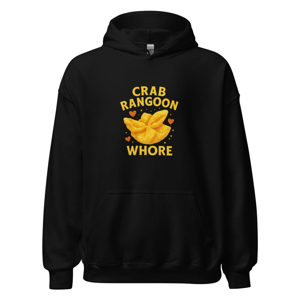 Illustration of a cartoon crab with heart-shaped eyes and mouth, text 'CRAB RANGOON WHORE' Hoodie front view — Wandering With Pride
