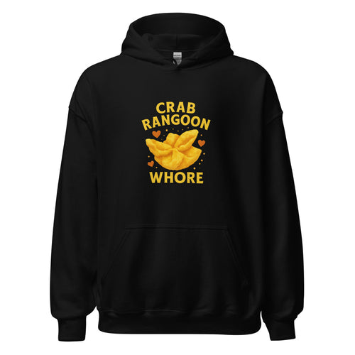 Illustration of a cartoon crab with heart-shaped eyes and mouth, text 'CRAB RANGOON WHORE' Hoodie front view — Wandering With Pride