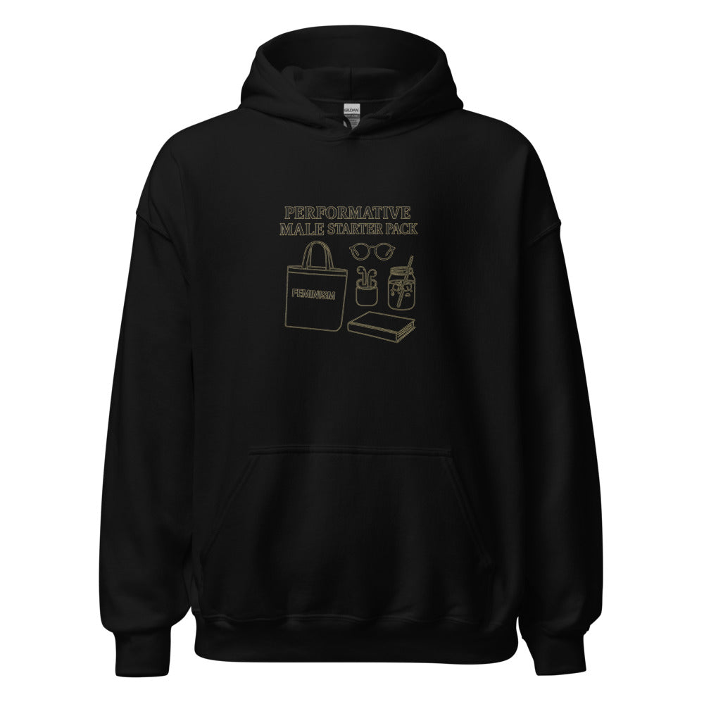 Typography with 'PERFORMATIVE MALE STARTER PACK' text Hoodie front view — Wandering With Pride