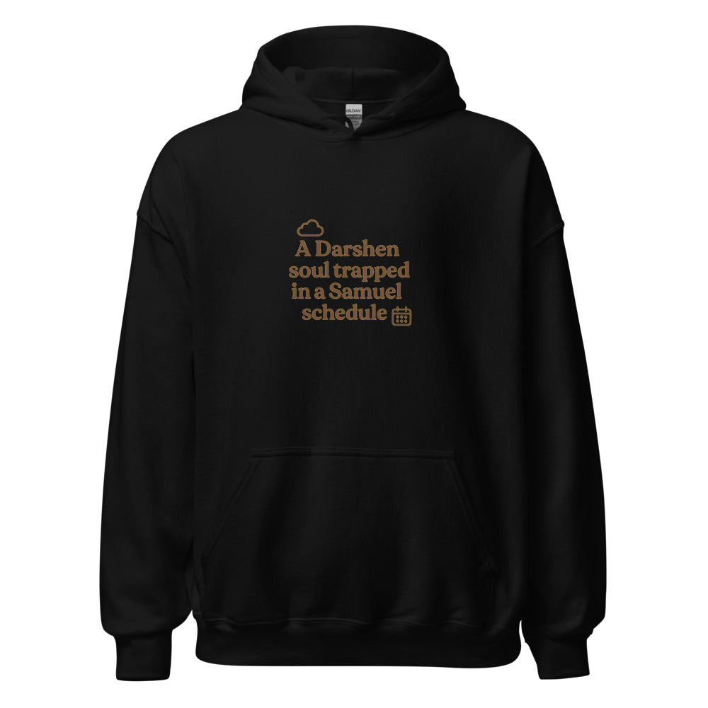 Typography with text reading 'A Darshen soul trapped in a Samuel schedule' Hoodie front view — Wandering With Pride