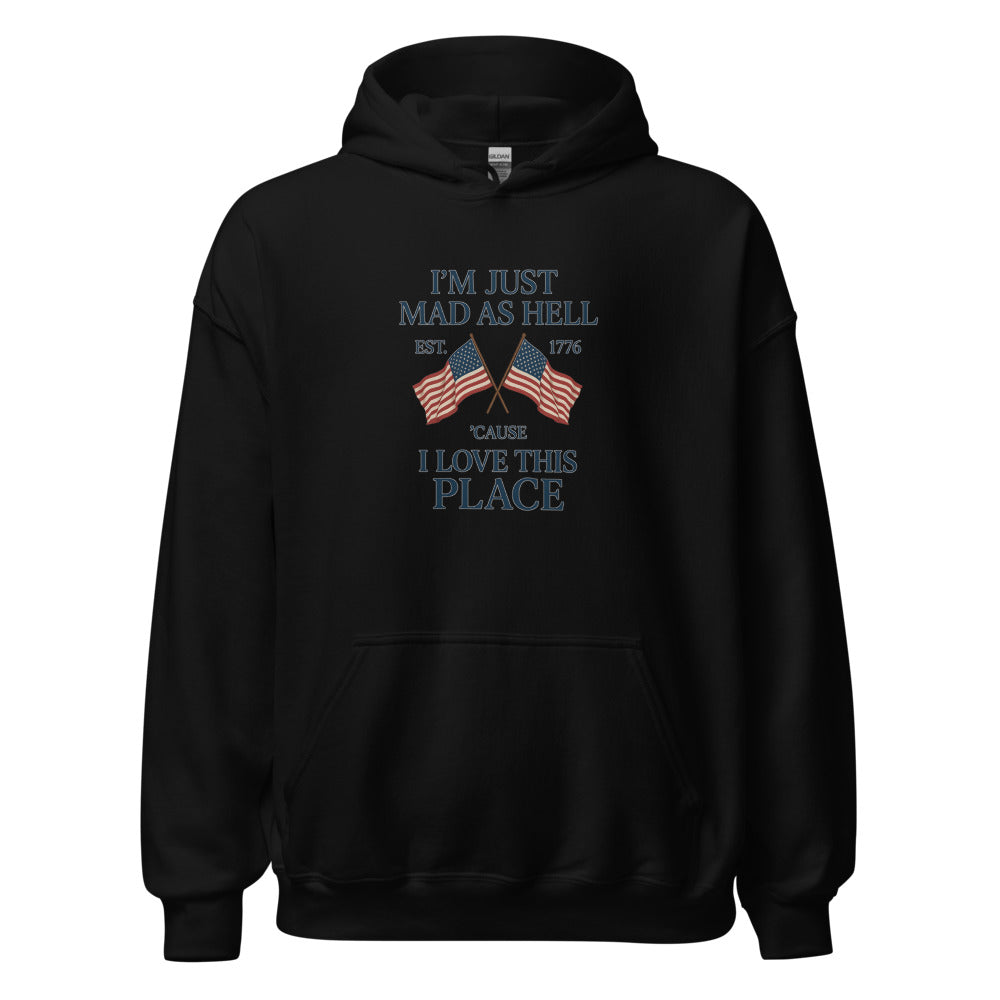 stylized American flag with abstract star patterns Hoodie front view — Wandering With Pride