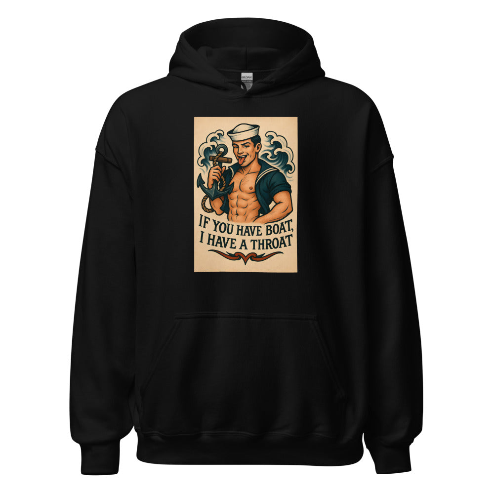Humorous illustration of a cartoonish muscular sailor holding an anchor Hoodie front view — Wandering With Pride