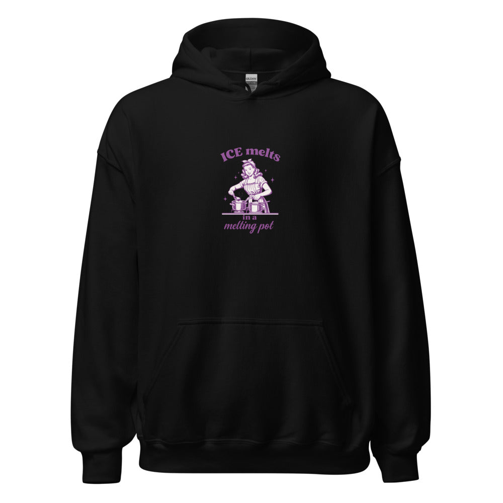 cartoon woman in kitchen holding ice block with slogan 'ICE melts in a melting pot' Hoodie front view — Wandering With Pride