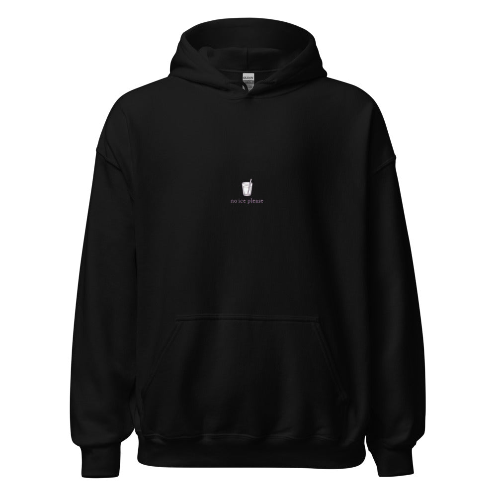 glass of ice with straw and text 'no' and 'ice please' Hoodie front view — Wandering With Pride