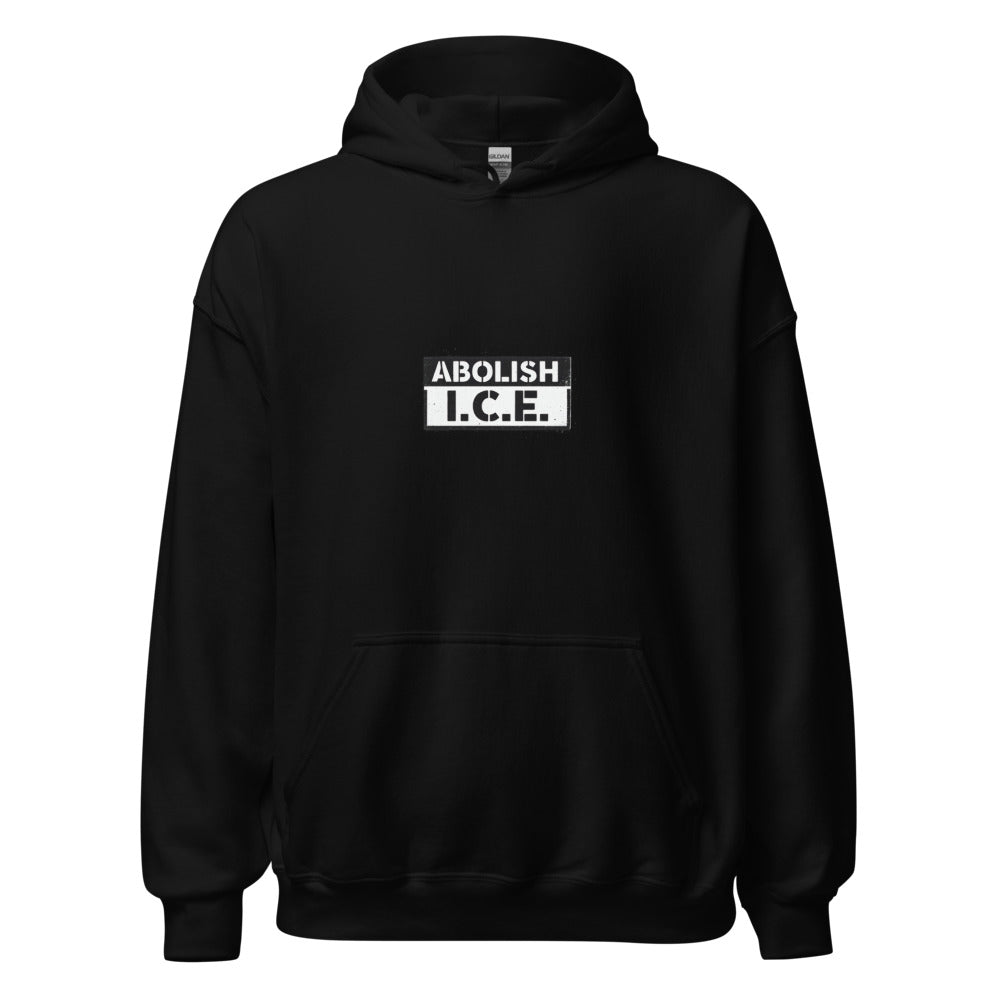 ABOLISH I.C.E. typography Hoodie front view — Wandering With Pride